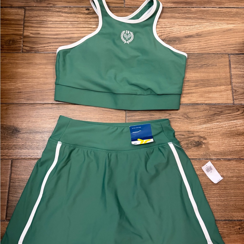 Green Athletic Crop Top and Skirt Set